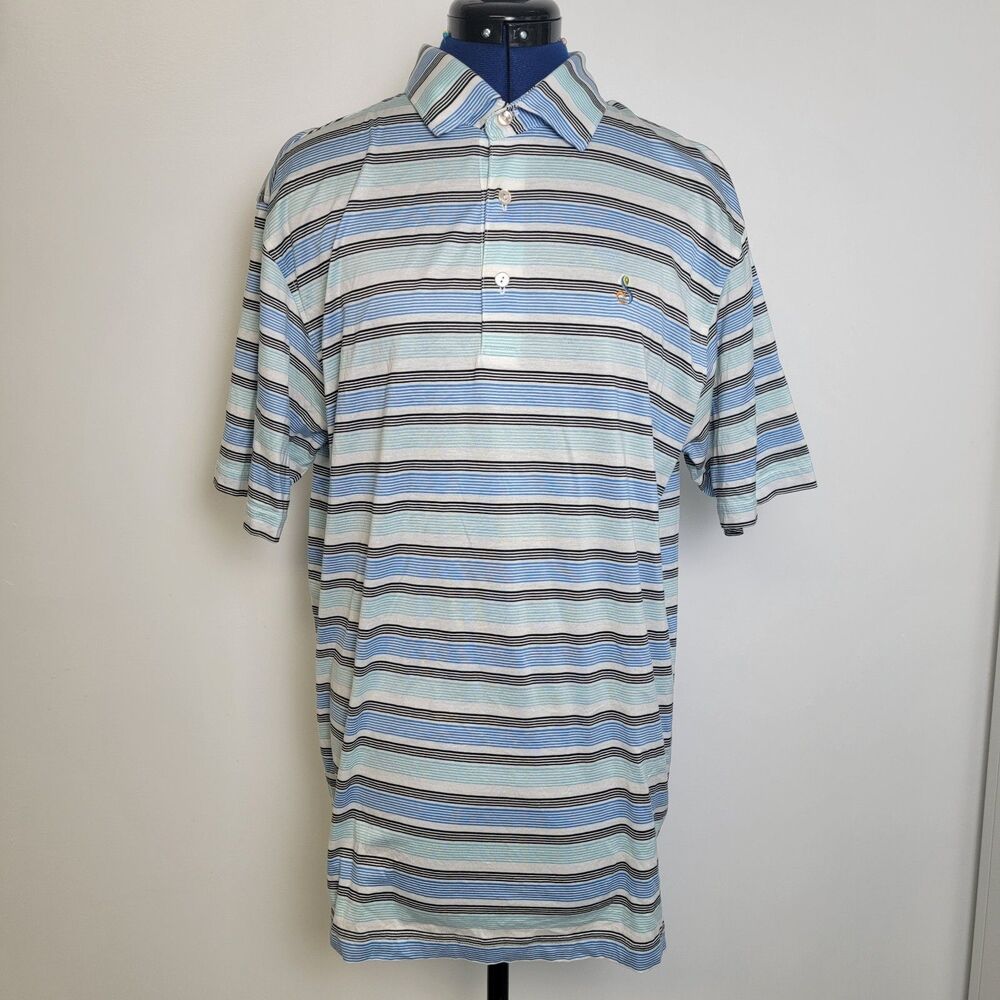 Peter Millar Mens Sailing Blue Stripe Cotton Lisle Short Sleeve Golf Polo M